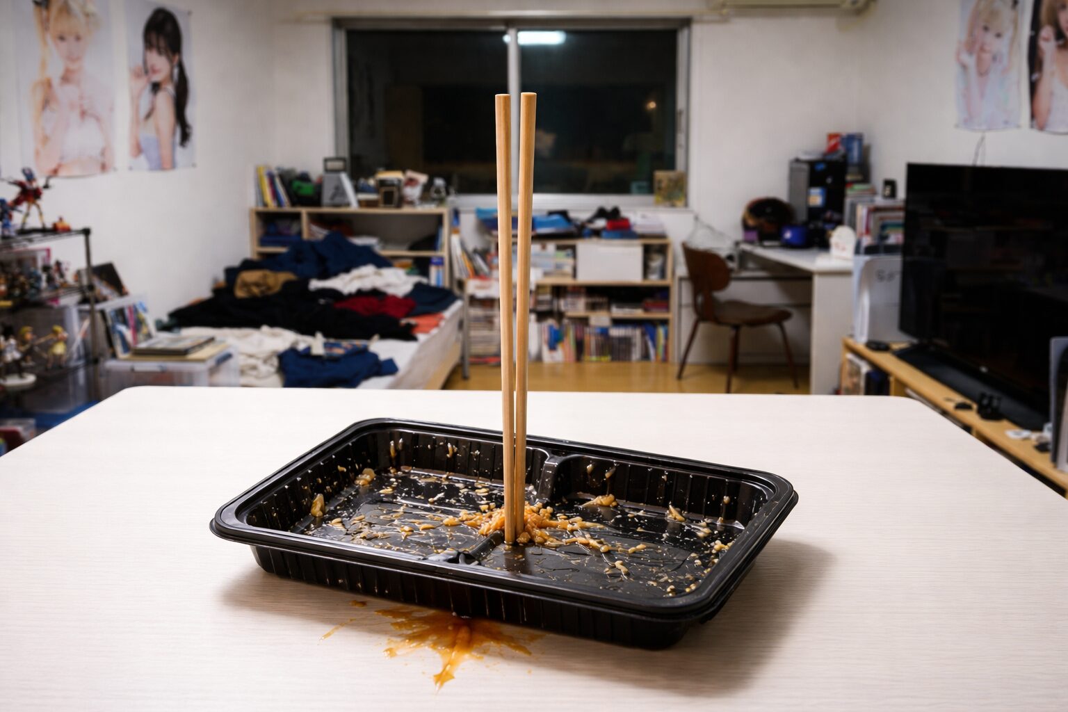 割り箸が突き刺さった空の弁当容器