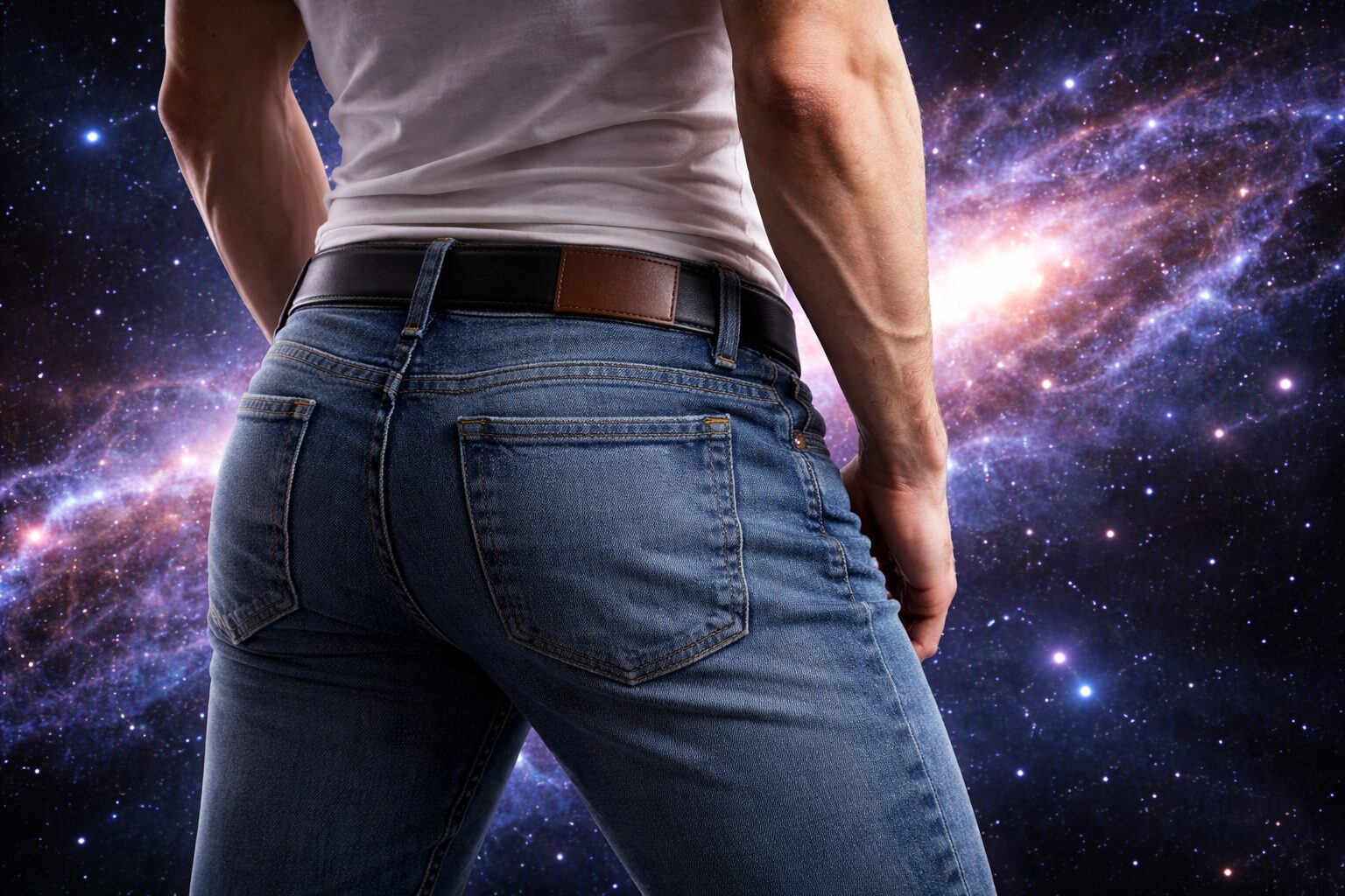 宇宙背景に男性の腰