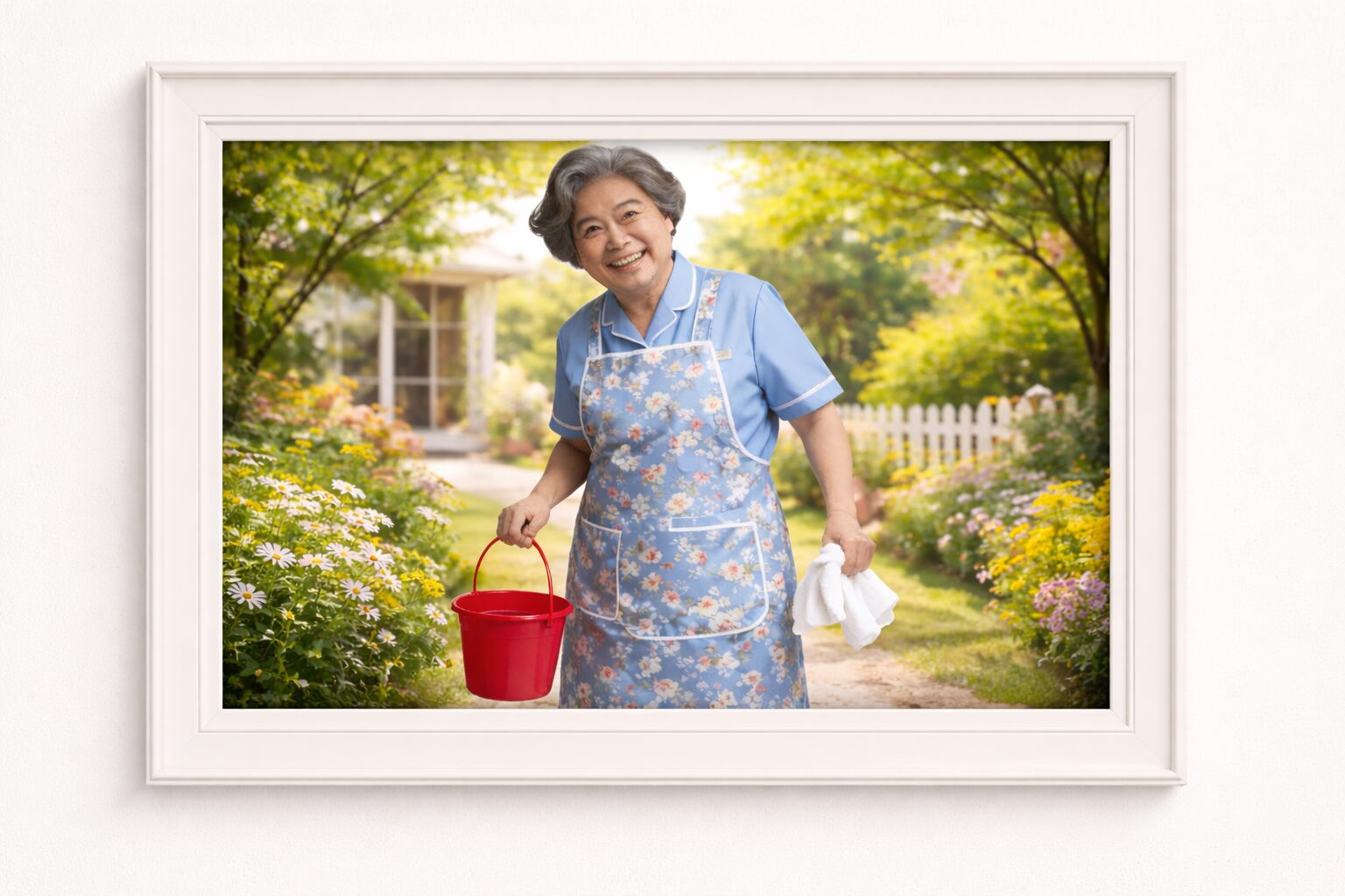 エプロンをして庭に立つ笑顔の母親