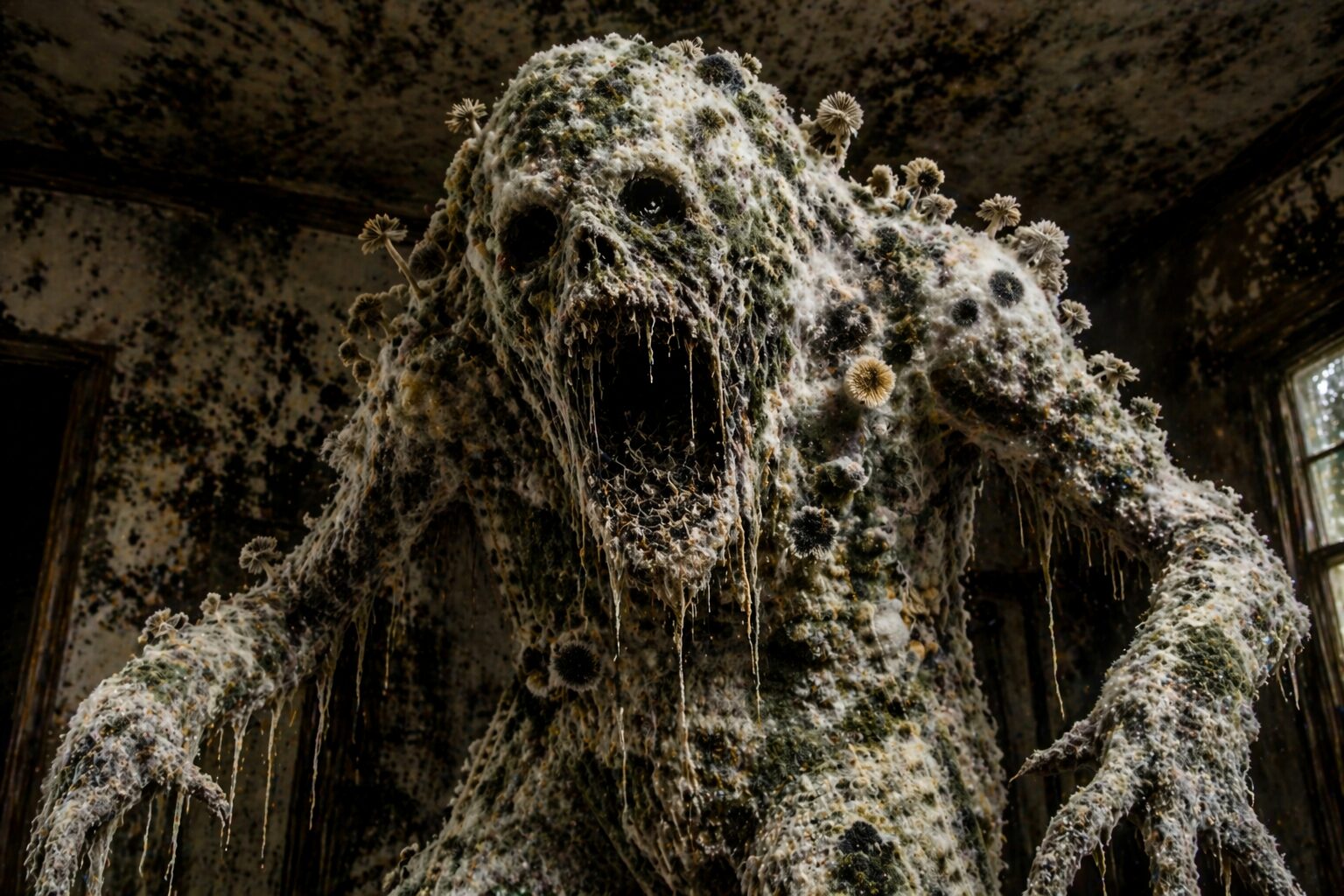 大きく口を開けたカビの化け物